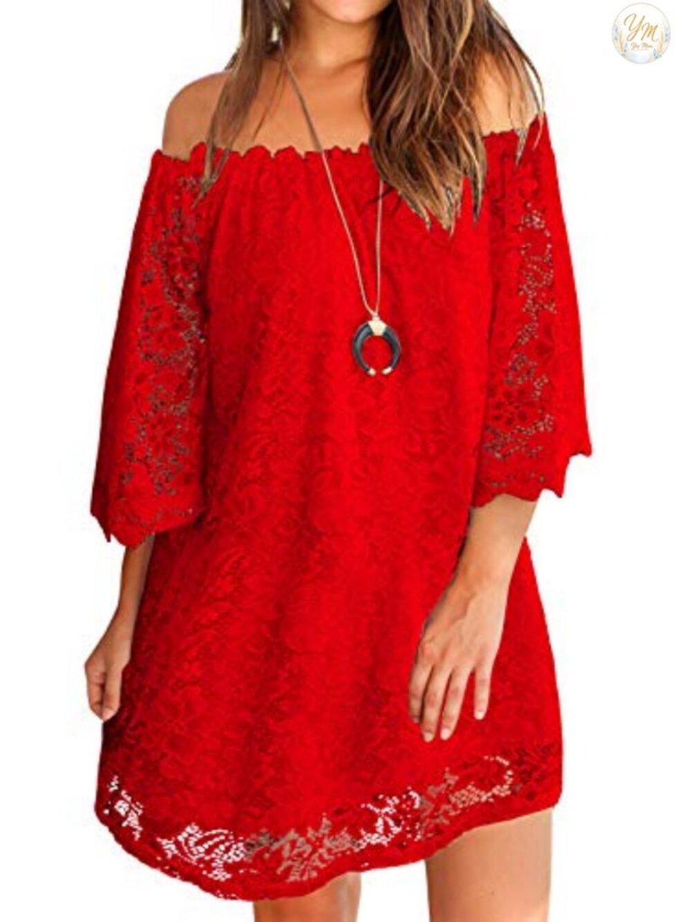 Lace Off Shoulder Mini Dress 3/4 Sleeve Loose Fit Party Casual